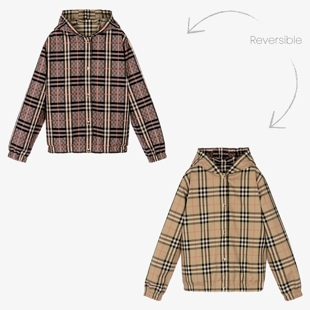 Burberry - جاكيت بوجهين تينز بناتي كاروهات لون بيج وزهري | Childrensalon