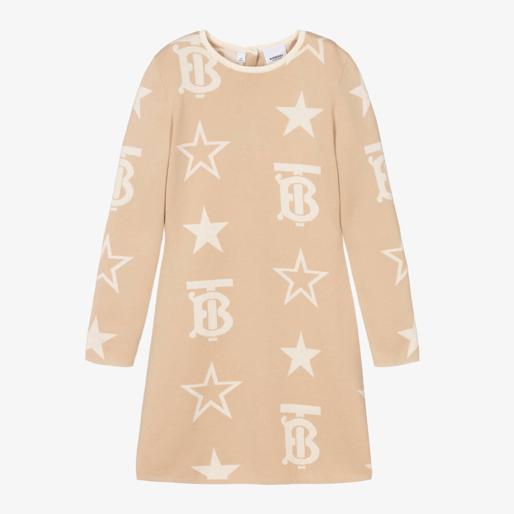 Burberry-Бежевое трикотажное платье со звездами для подростков | Childrensalon Outlet
