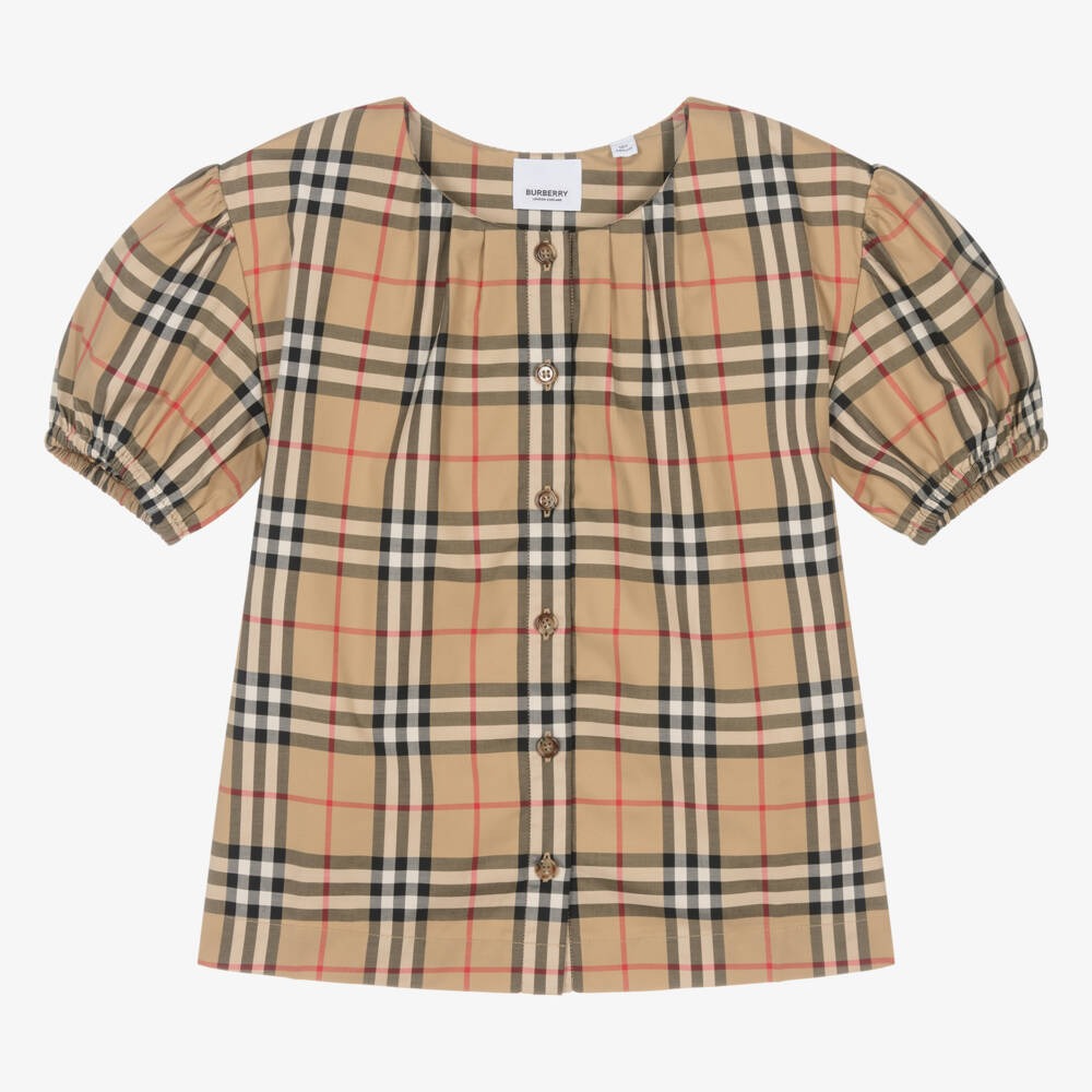 Burberry-Teen Girls Beige Check Cotton Blouse | Childrensalon Outlet