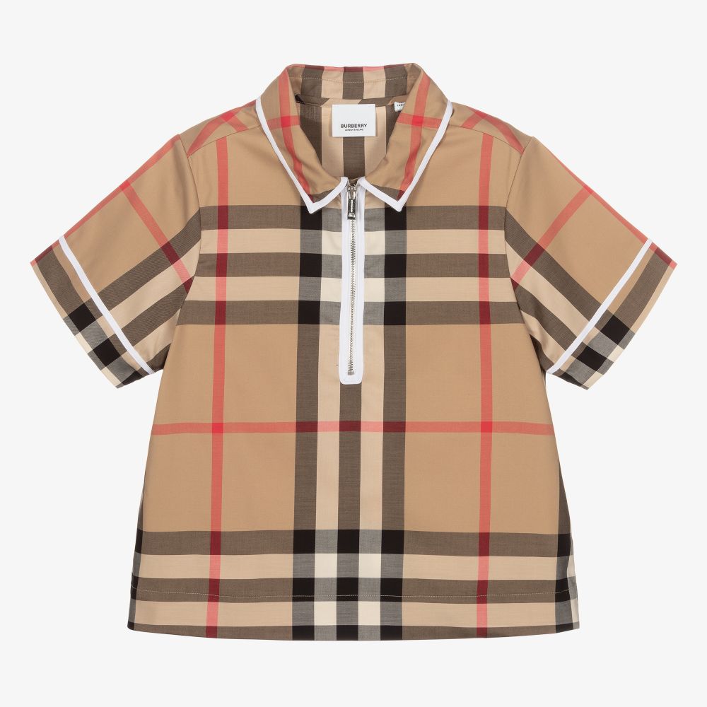 Burberry - توب بولو تينز بناتي أوفر سايز قطن كاروهات لون بيج | Childrensalon