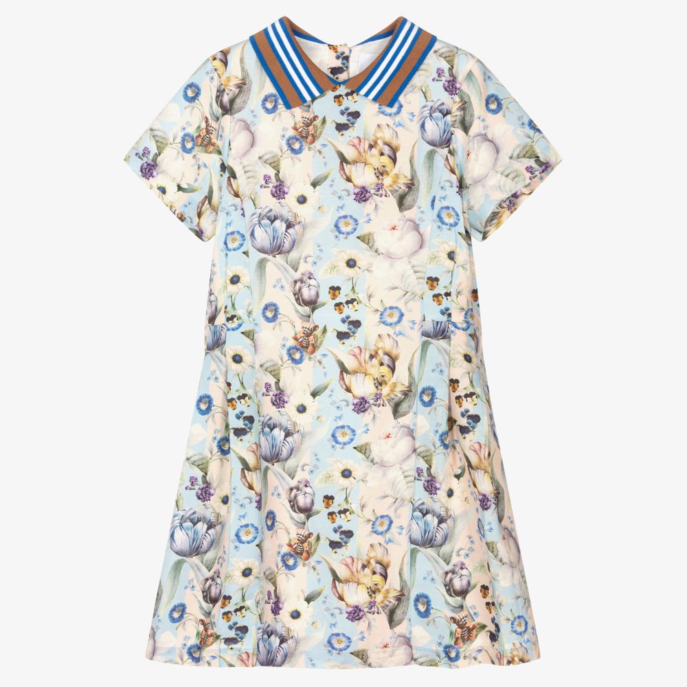 Burberry - فستان تينز مزيج فيسكوز وكتان لون زهري وأزرق باهت | Childrensalon