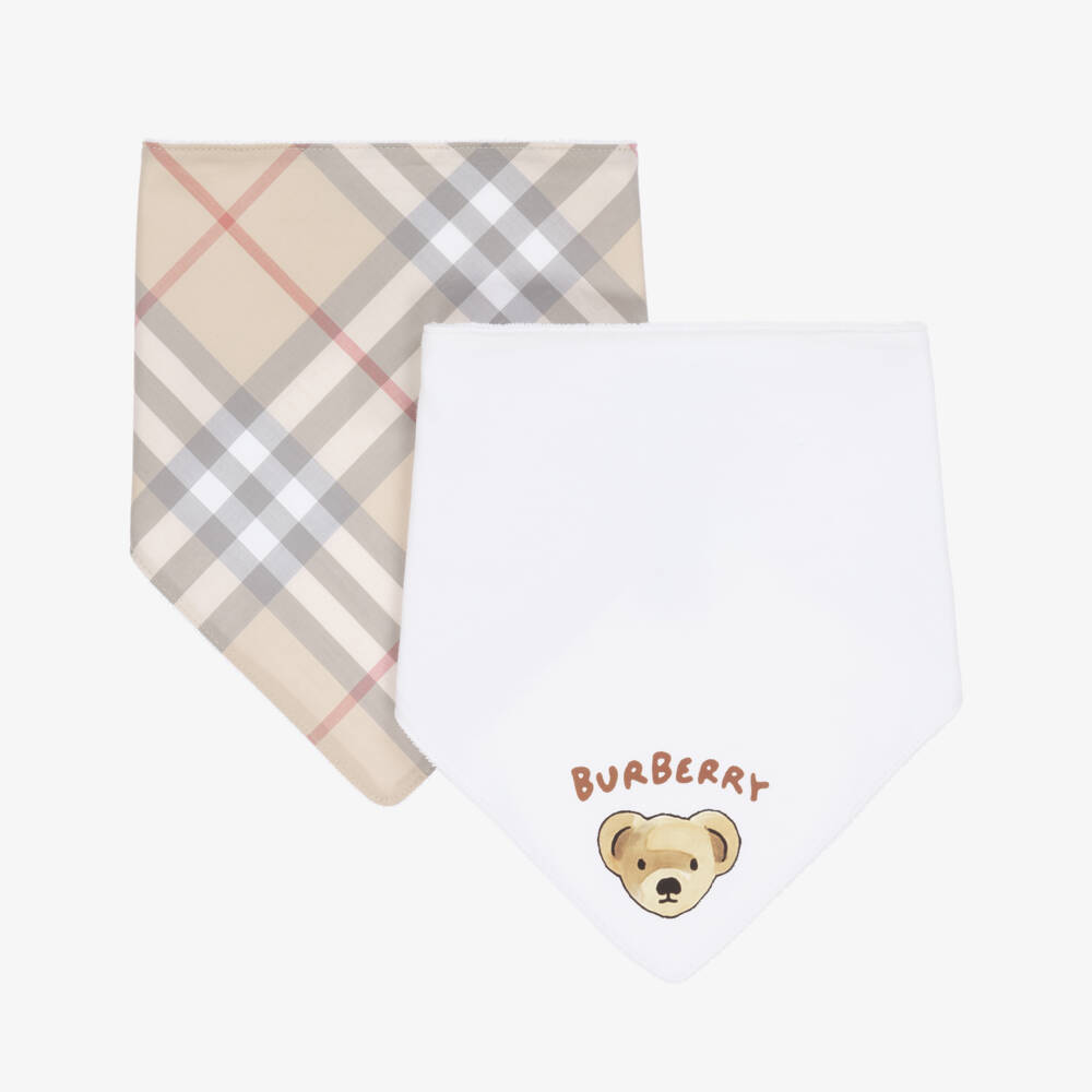 Burberry-White & Checked Cotton Bibs (2 Pack) | Childrensalon Outlet