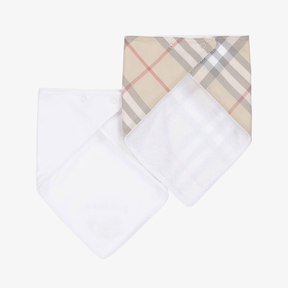 Burberry-White & Checked Cotton Bibs (2 Pack) | Childrensalon Outlet