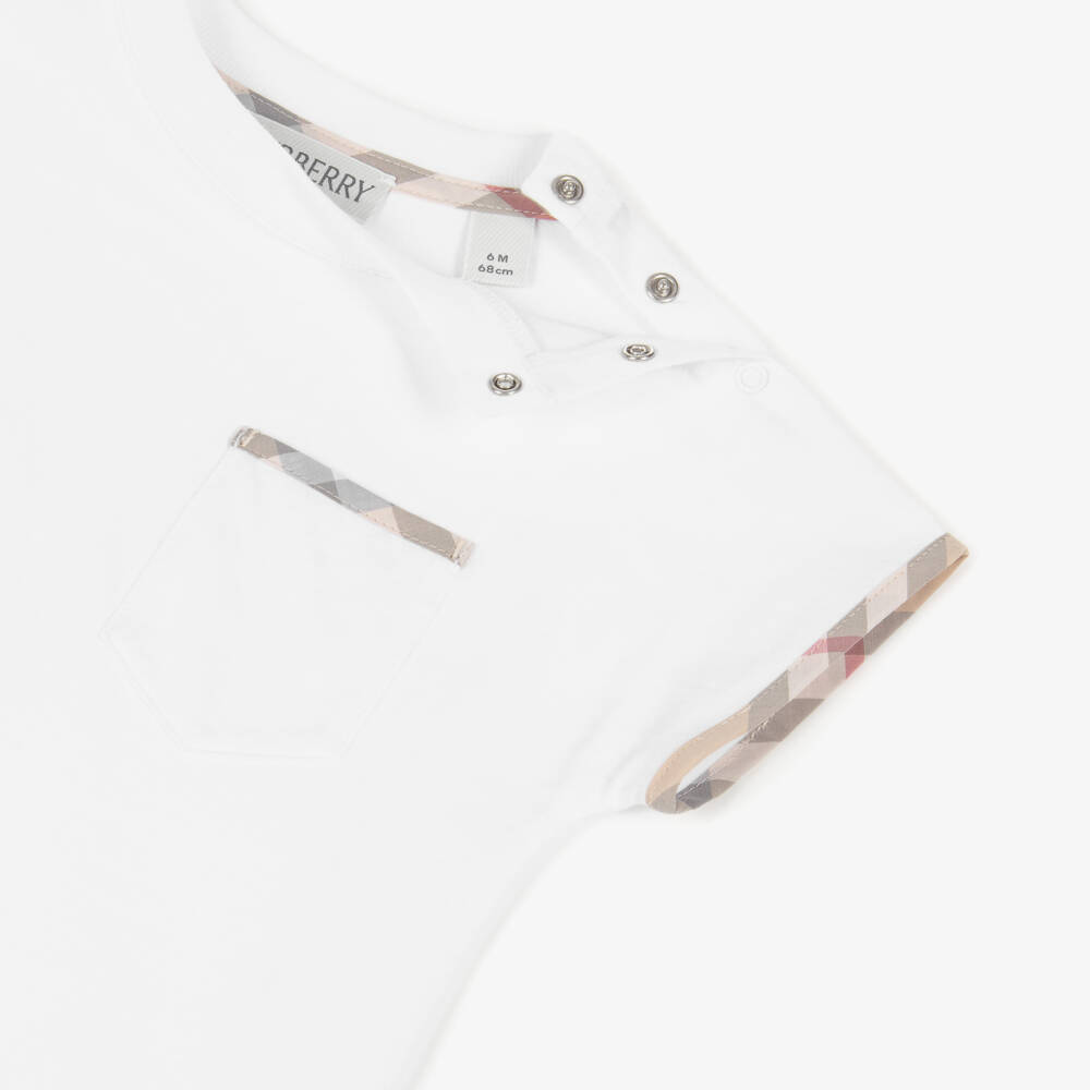 Burberry-White Cotton Baby Shortie with Check Trims | Childrensalon Outlet
