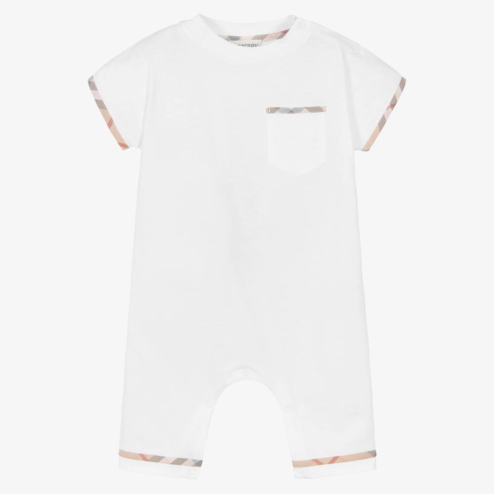 Burberry-White Cotton Baby Shortie with Check Trims | Childrensalon Outlet