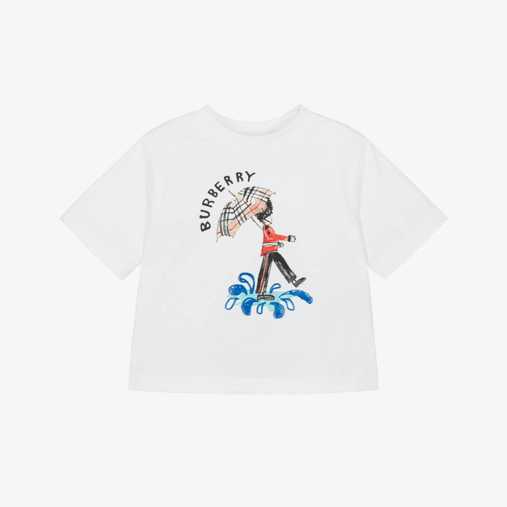 Burberry-White Cotton Baby T-Shirt with King's Guard Logo | Childrensalon Outlet