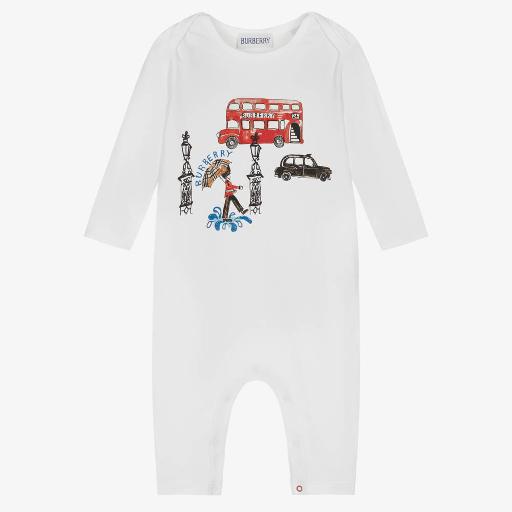 Burberry-White Cotton Babygrow with London Icons | Childrensalon Outlet