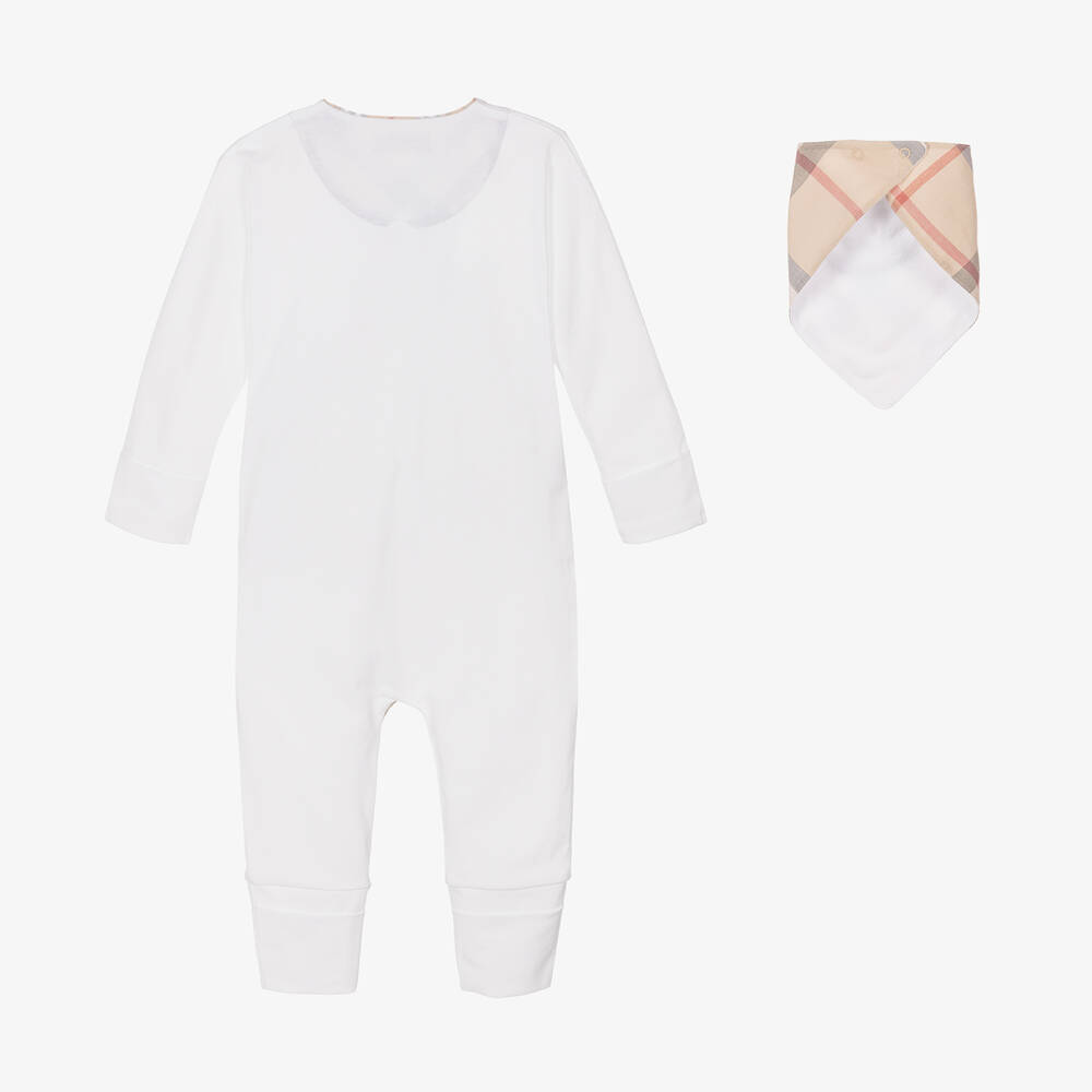 Burberry-White Cotton Babysuit Gift Set | Childrensalon Outlet