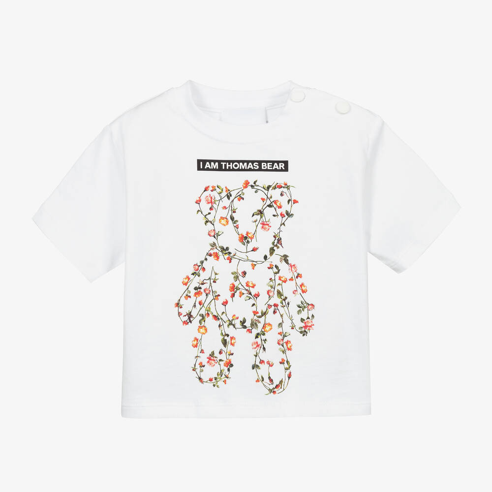Burberry - White Cotton Bear Baby T-Shirt | Childrensalon