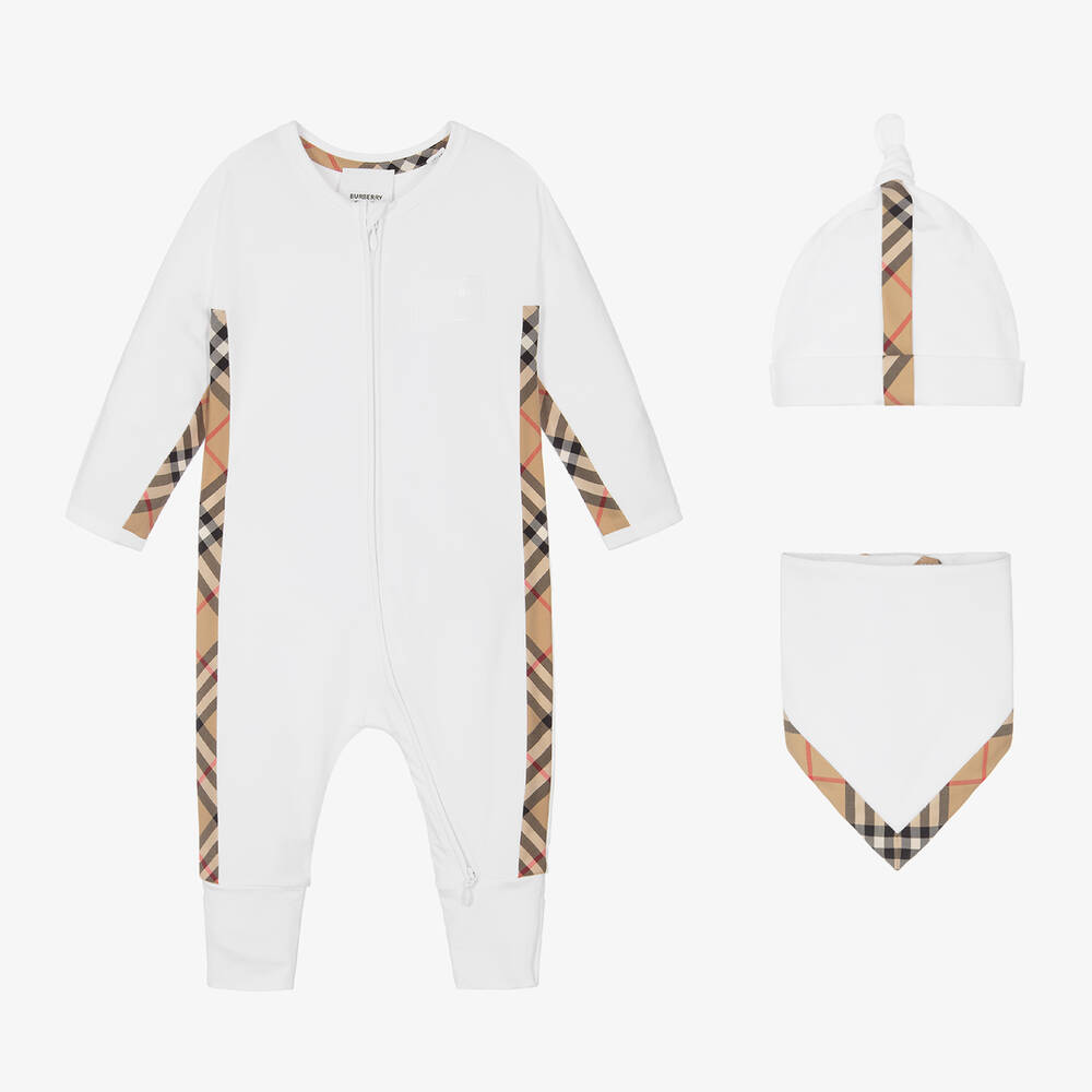 Burberry-White Cotton Check Babysuit Gift Set | Childrensalon Outlet