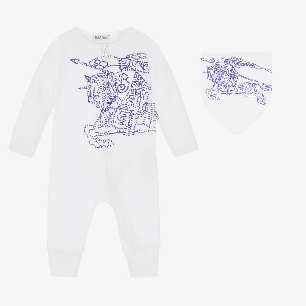 Burberry-White Cotton EKD Babysuit Gift Set | Childrensalon Outlet