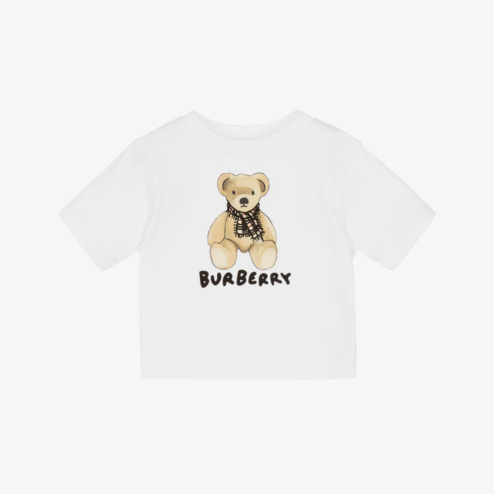 Burberry-White Cotton Thomas ​Bear Baby T-Shirt with Flocked Logo | Childrensalon Outlet