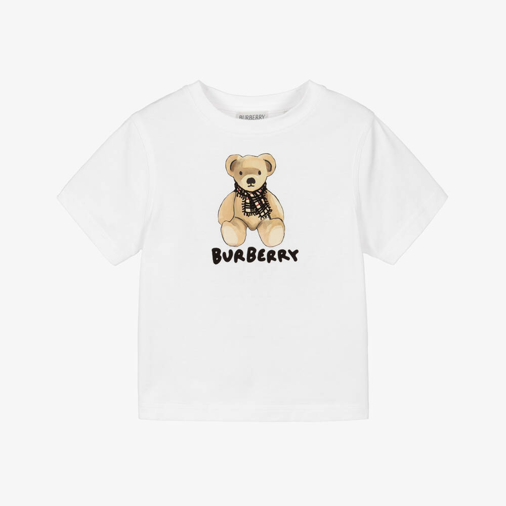 Burberry-White Cotton Thomas ​Bear T-Shirt with Flocked Logo | Childrensalon Outlet
