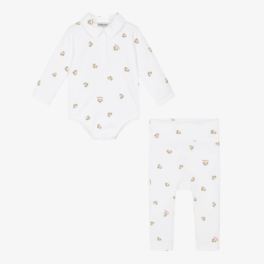 Burberry-White Cotton Thomas Bear Babysuit Gift Set | Childrensalon Outlet