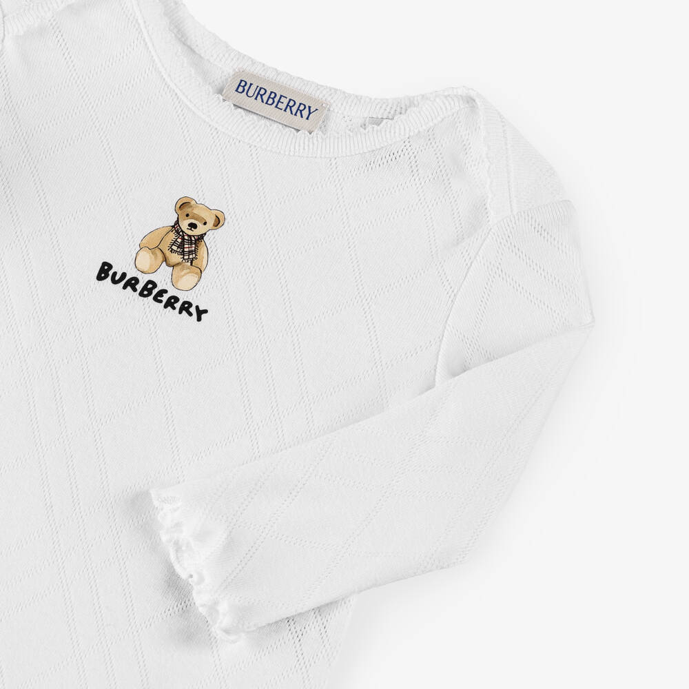 Burberry-White Cotton Thomas Bear Logo Bodysuit | Childrensalon Outlet