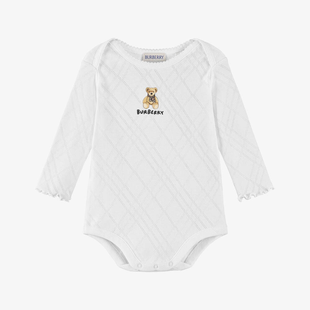 Burberry-White Cotton Thomas Bear Logo Bodysuit | Childrensalon Outlet