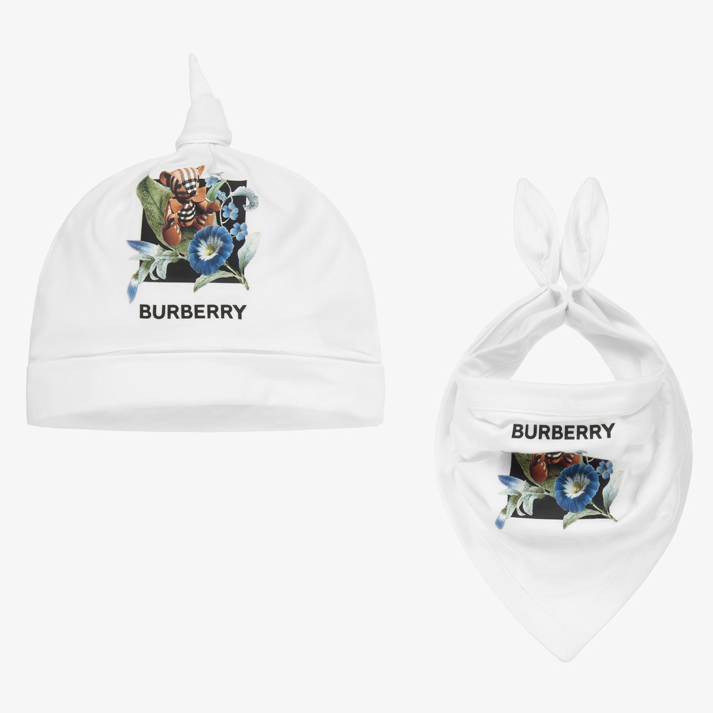 Burberry - طقم قبعة ومريلة قطن جيرسي أبيض بطبعة ورود للمولودات | Childrensalon