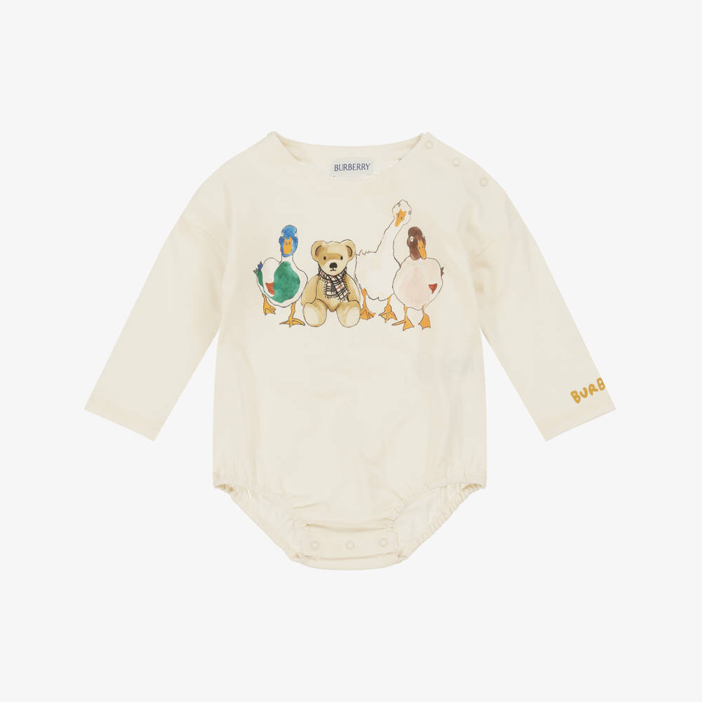 Burberry-White & Ivory Cotton Thomas Bear Babysuit Gift Set | Childrensalon Outlet