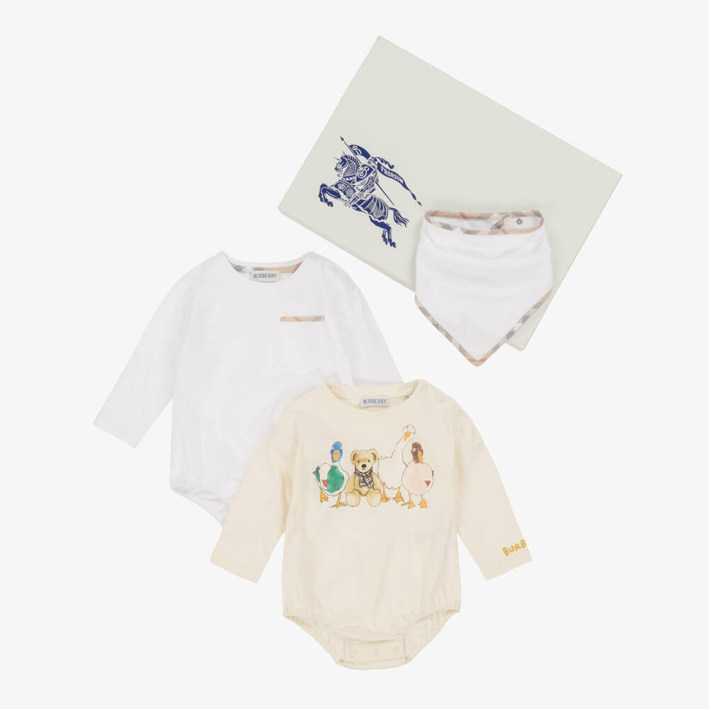 Burberry-White & Ivory Cotton Thomas Bear Babysuit Gift Set | Childrensalon Outlet