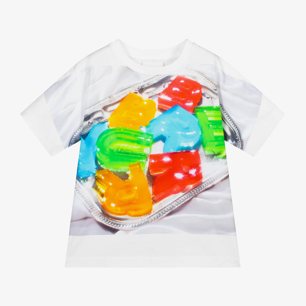 Burberry - Weißes T-Shirt mit Fruchtgummi-Logo  | Childrensalon