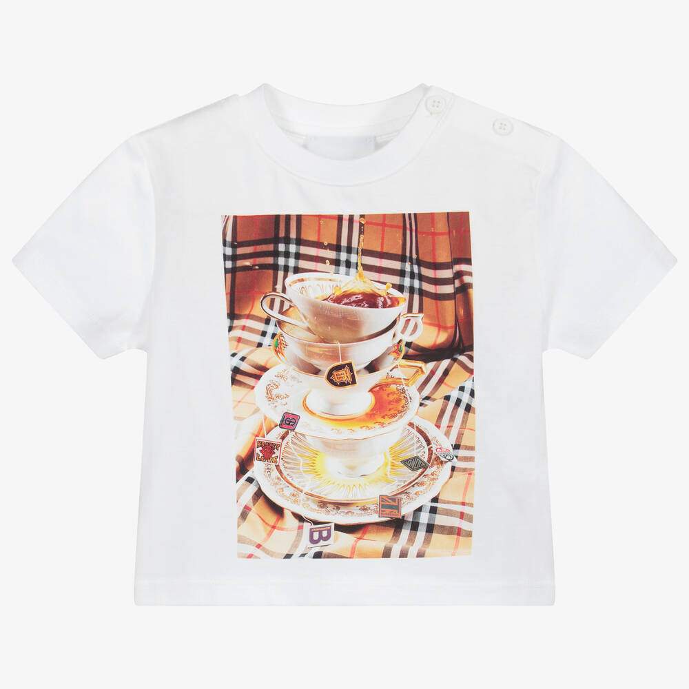 Burberry - Weißes T-Shirt mit Teetassen und Logo  | Childrensalon