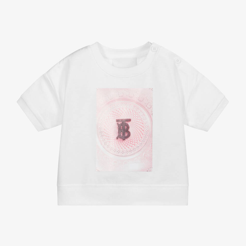 Burberry - Белая футболка с розовым логотипом для малышей | Childrensalon