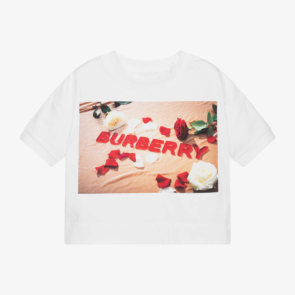 Burberry - تيشيترت قطن لون أبيض وأحمر للبنات | Childrensalon