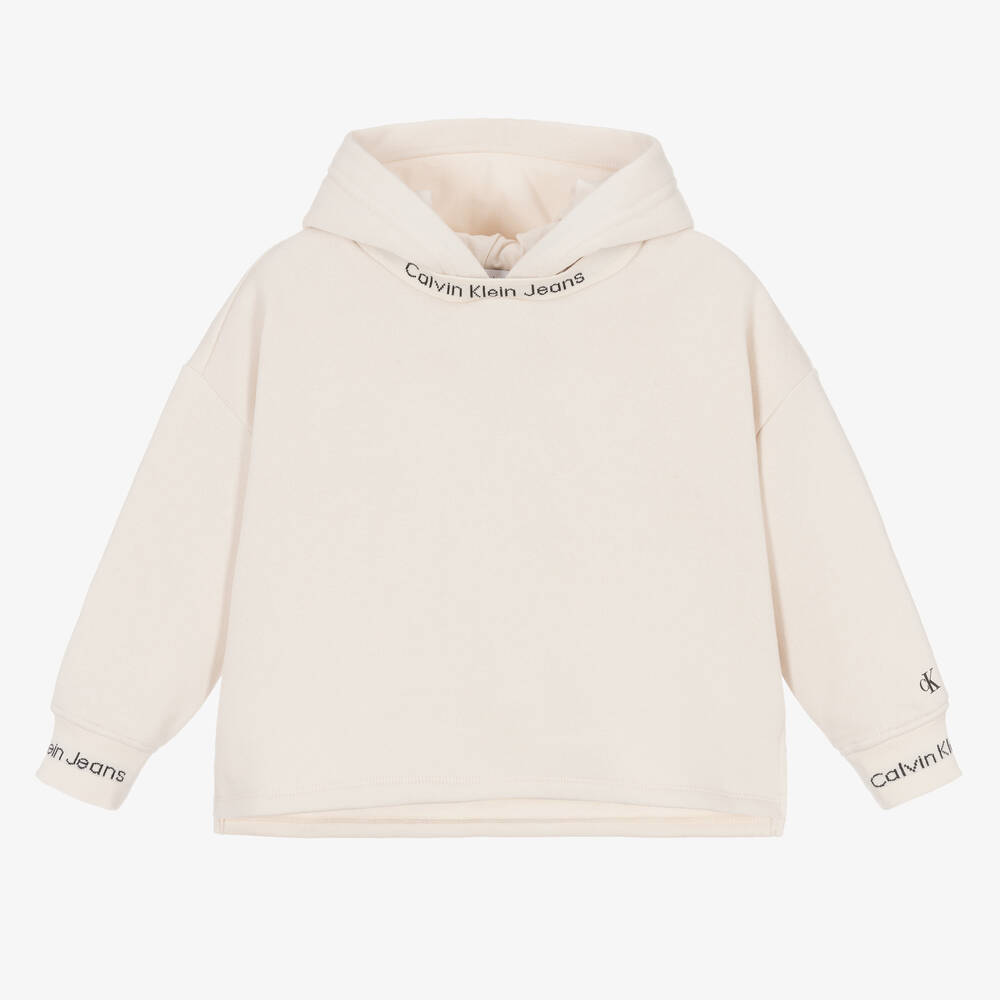 Calvin Klein - Sweat à capuche beige en jersey de coton  | Childrensalon