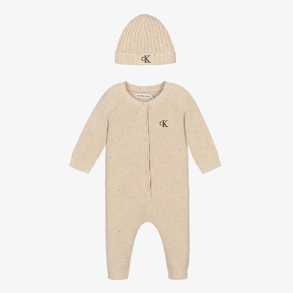 Calvin Klein - Beige Cotton Knit Babysuit Gift Set | Childrensalon