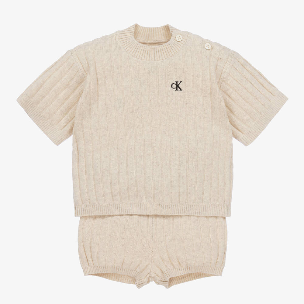 Calvin Klein-Beige Cotton & Linen Baby Shorts Set | Childrensalon Outlet