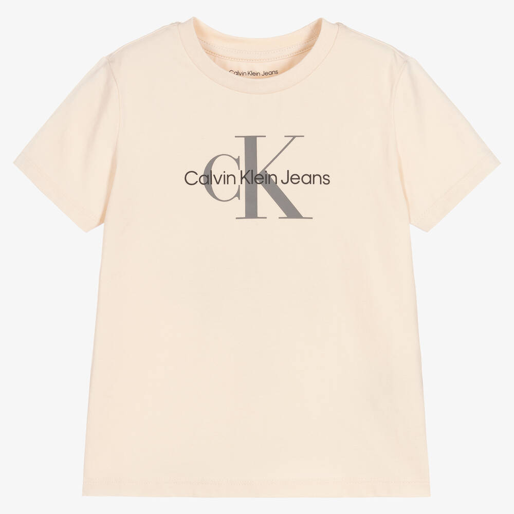 Calvin Klein Jeans - Beige Cotton Monogram Logo T-Shirt | Childrensalon