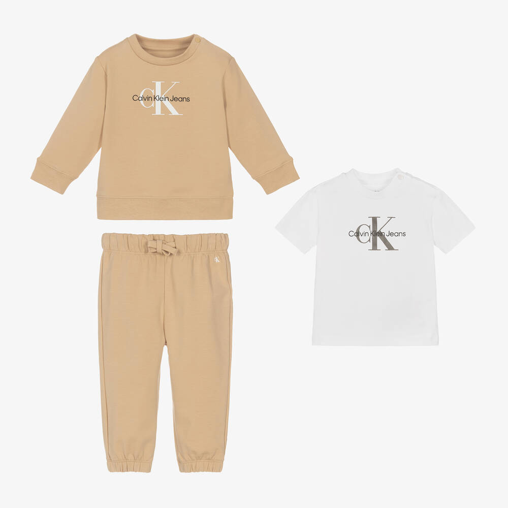 Calvin Klein-Beige Cotton Monogram Tracksuit Baby Gift Set | Childrensalon Outlet