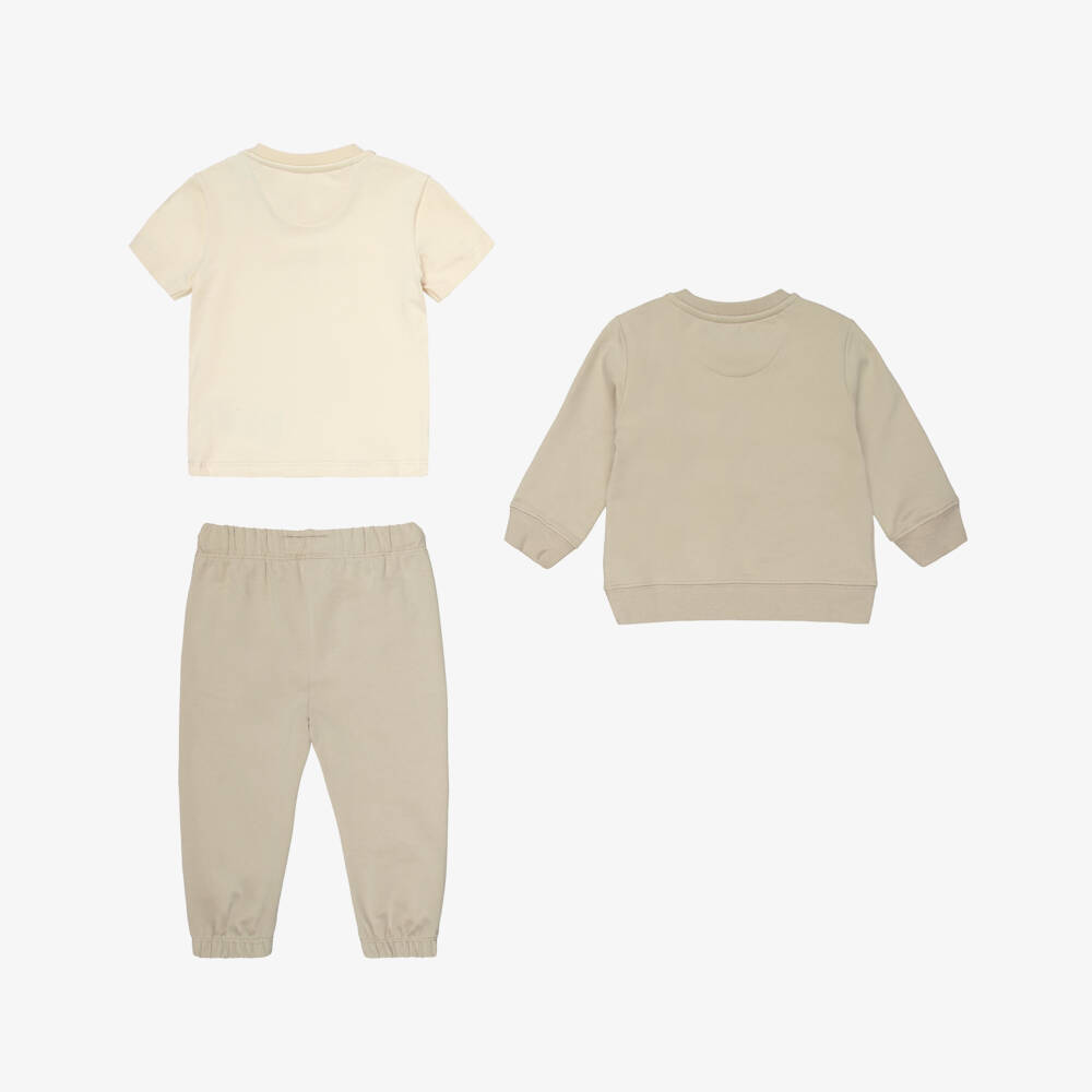 Calvin Klein-Beige Cotton Tracksuit & T-Shirt Set with Monogram Logo | Childrensalon Outlet
