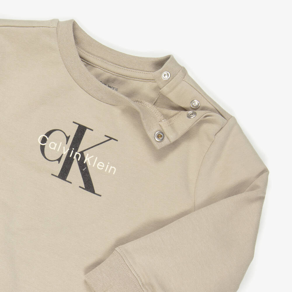 Calvin Klein-Beige Cotton Tracksuit & T-Shirt Set with Monogram Logo | Childrensalon Outlet