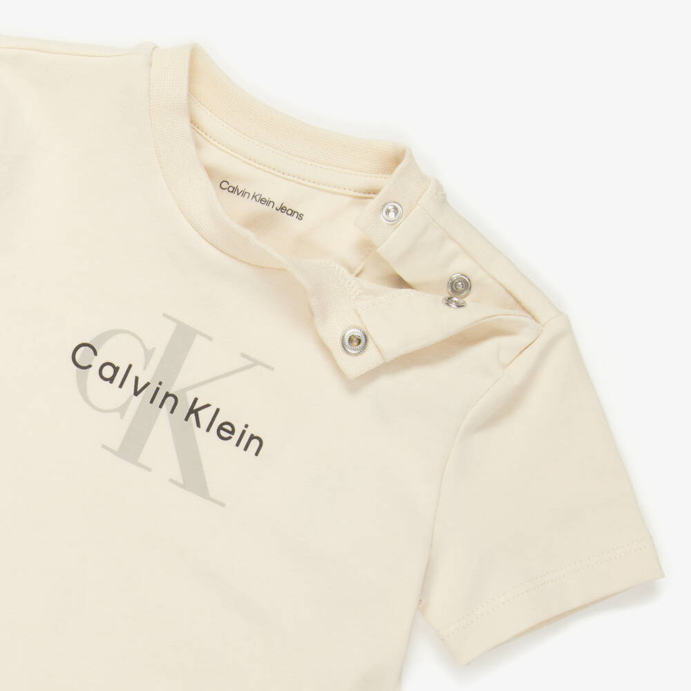 Calvin Klein-Beige Cotton Tracksuit & T-Shirt Set with Monogram Logo | Childrensalon Outlet
