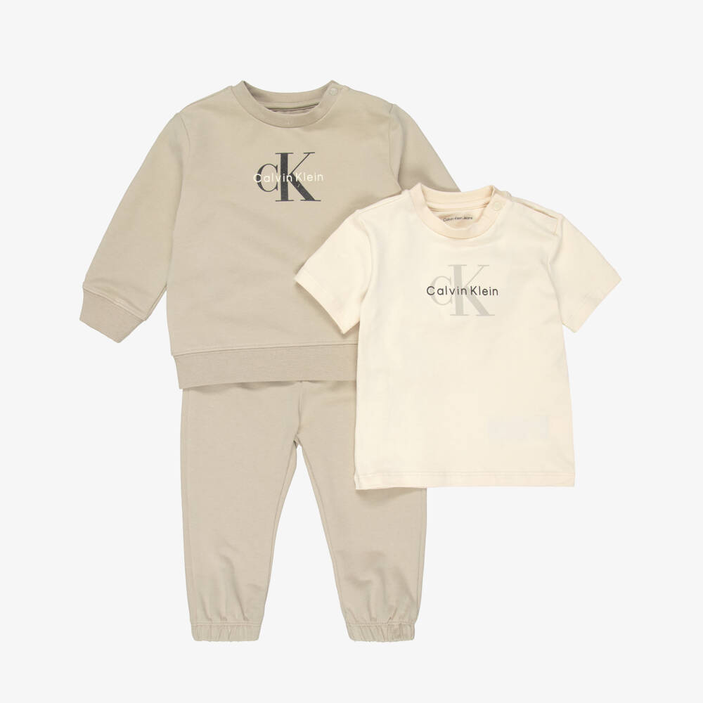 Calvin Klein-Beige Cotton Tracksuit & T-Shirt Set with Monogram Logo | Childrensalon Outlet