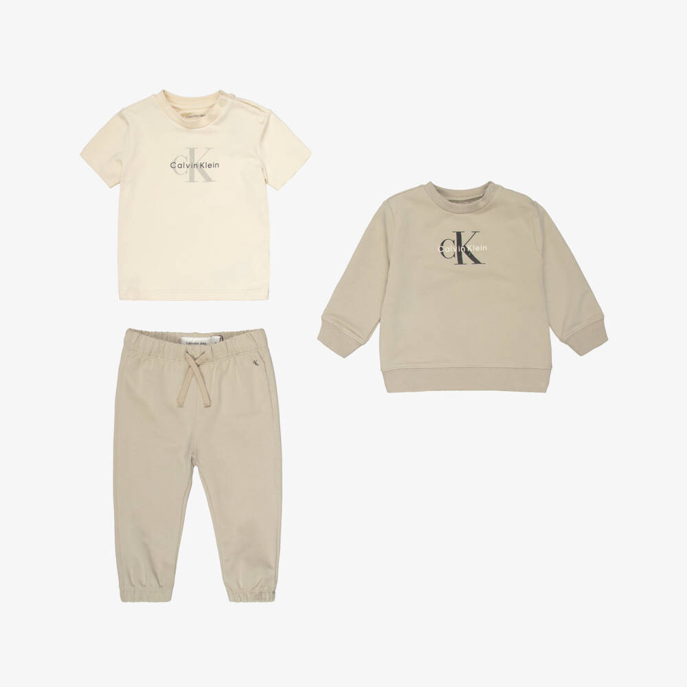 Calvin Klein-Beige Cotton Tracksuit & T-Shirt Set with Monogram Logo | Childrensalon Outlet
