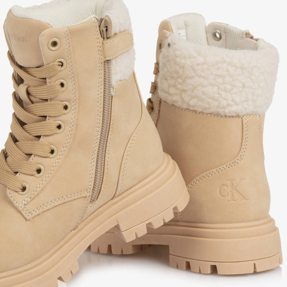 Calvin Klein-Beige Sherpa Lace Up Boot | Childrensalon Outlet