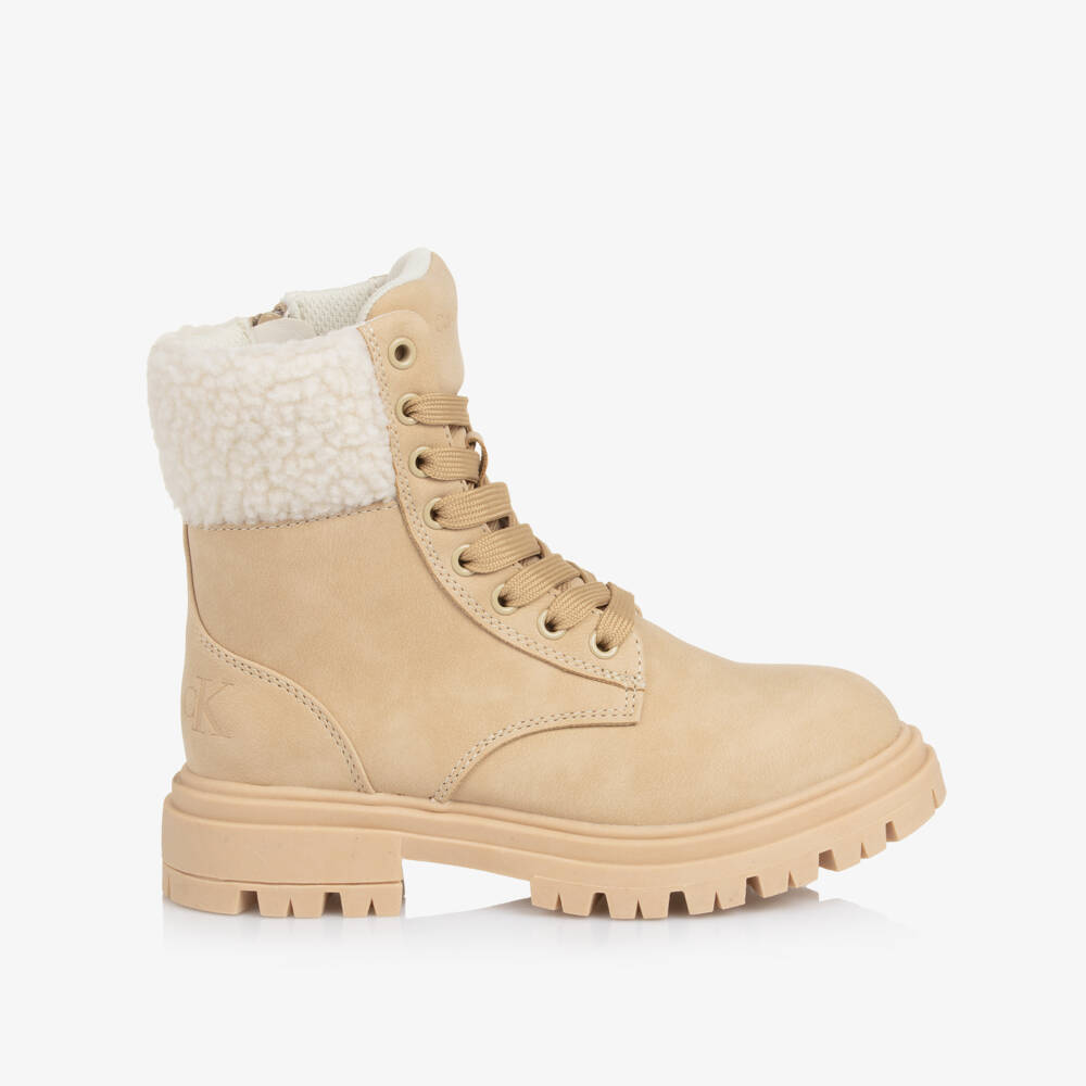 Calvin Klein-Beige Sherpa Lace Up Boot | Childrensalon Outlet
