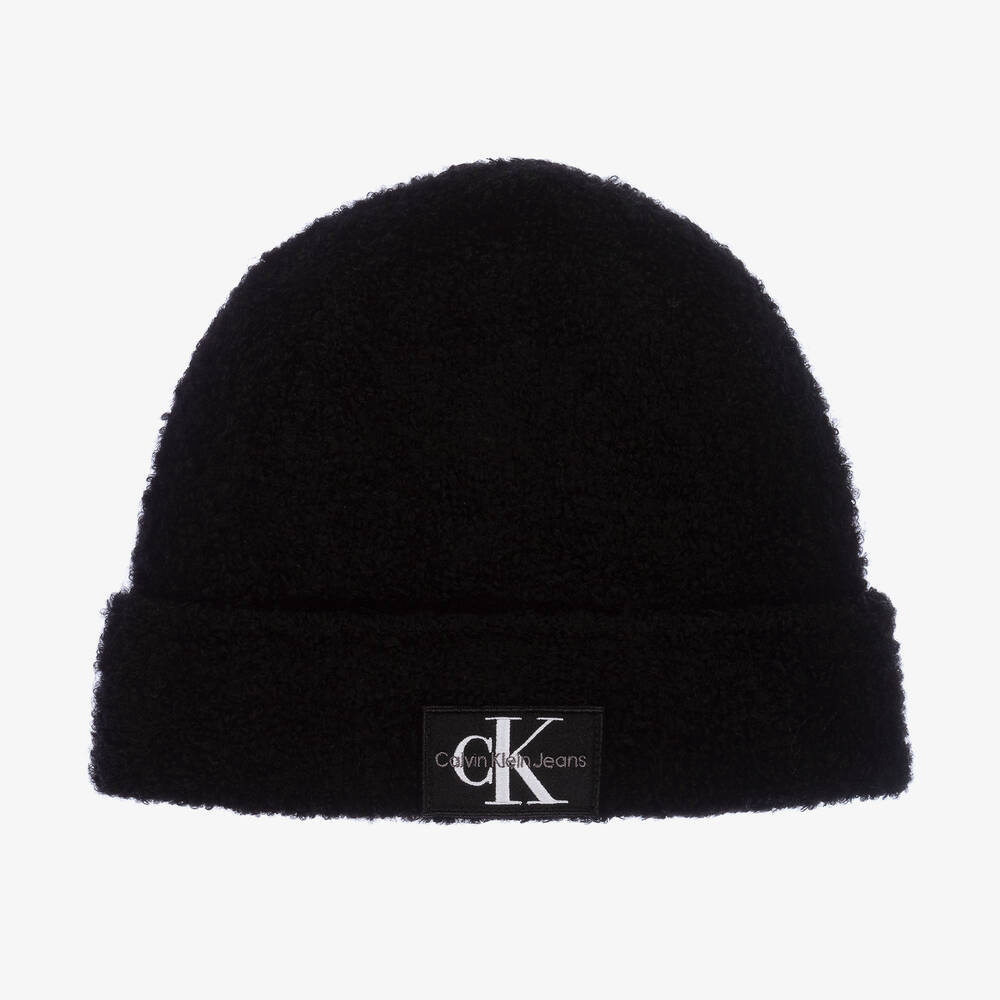 Calvin Klein-Black Fluffy Embroidered Beanie Hat | Childrensalon Outlet