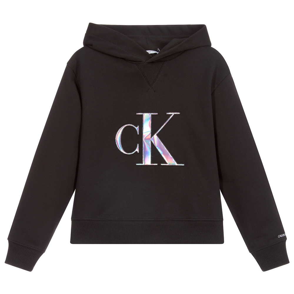 Calvin Klein Jeans - توب هودي قطن عضوي لون أسود للبنات | Childrensalon