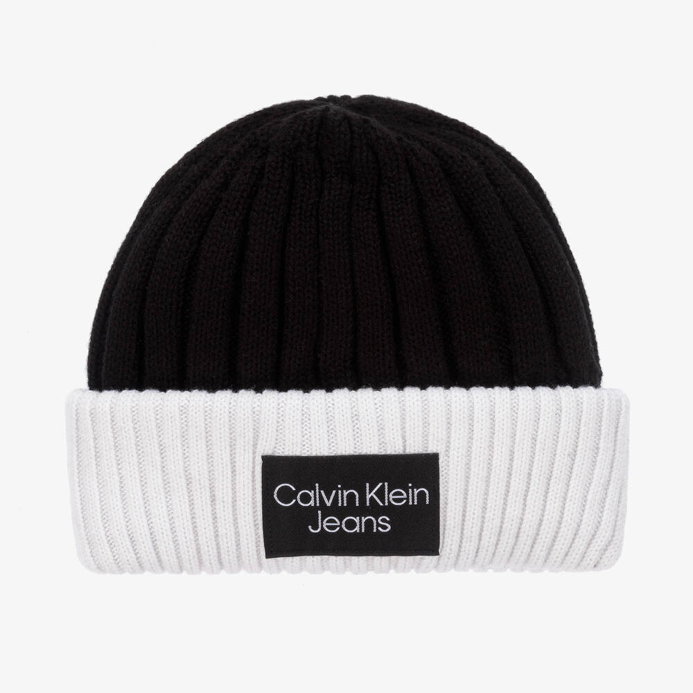 Calvin Klein Jeans - قبعة قطن وأكريليك محبوك لون أسود وأبيض | Childrensalon