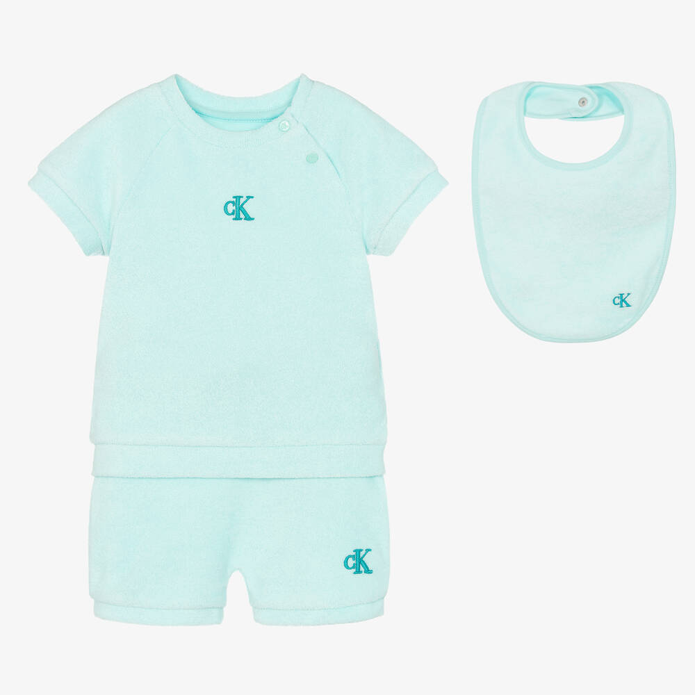 Calvin Klein-Blue Cotton Towelling Baby Shorts Gift Set | Childrensalon Outlet