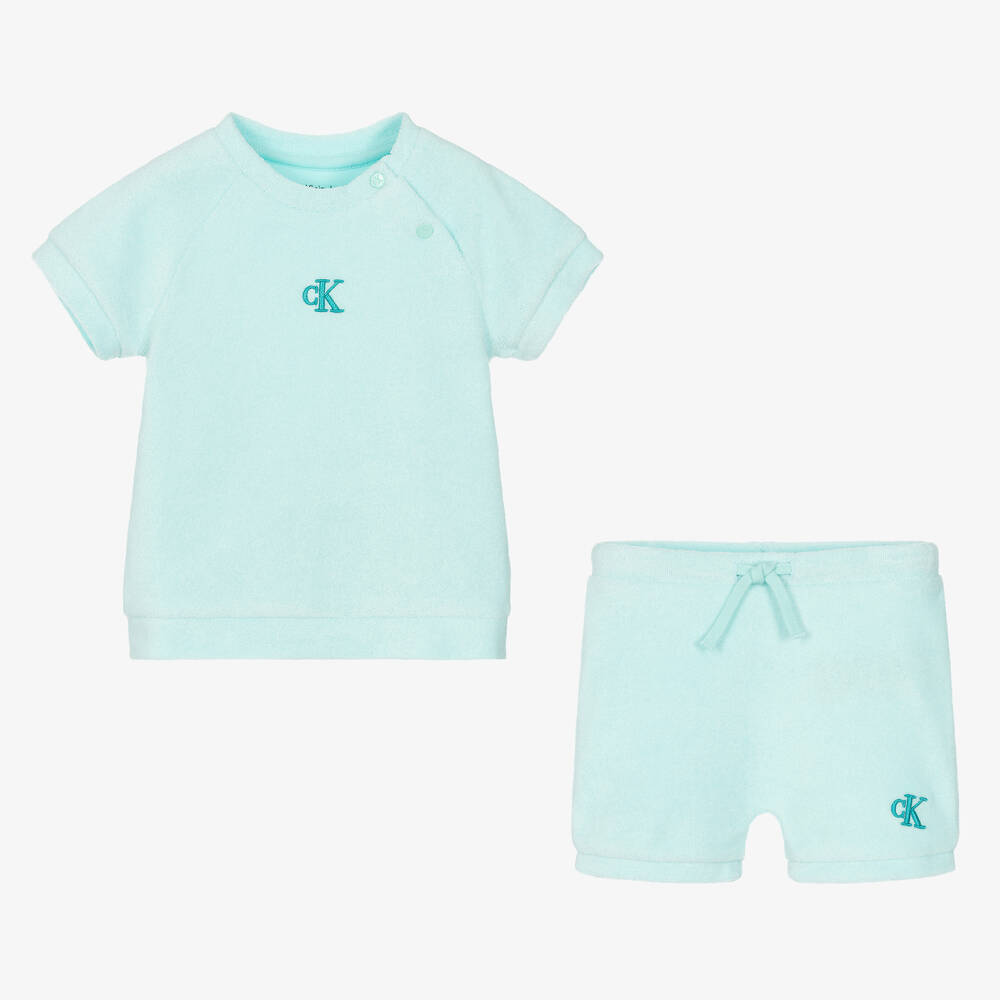Calvin Klein-Blue Cotton Towelling Baby Shorts Gift Set | Childrensalon Outlet