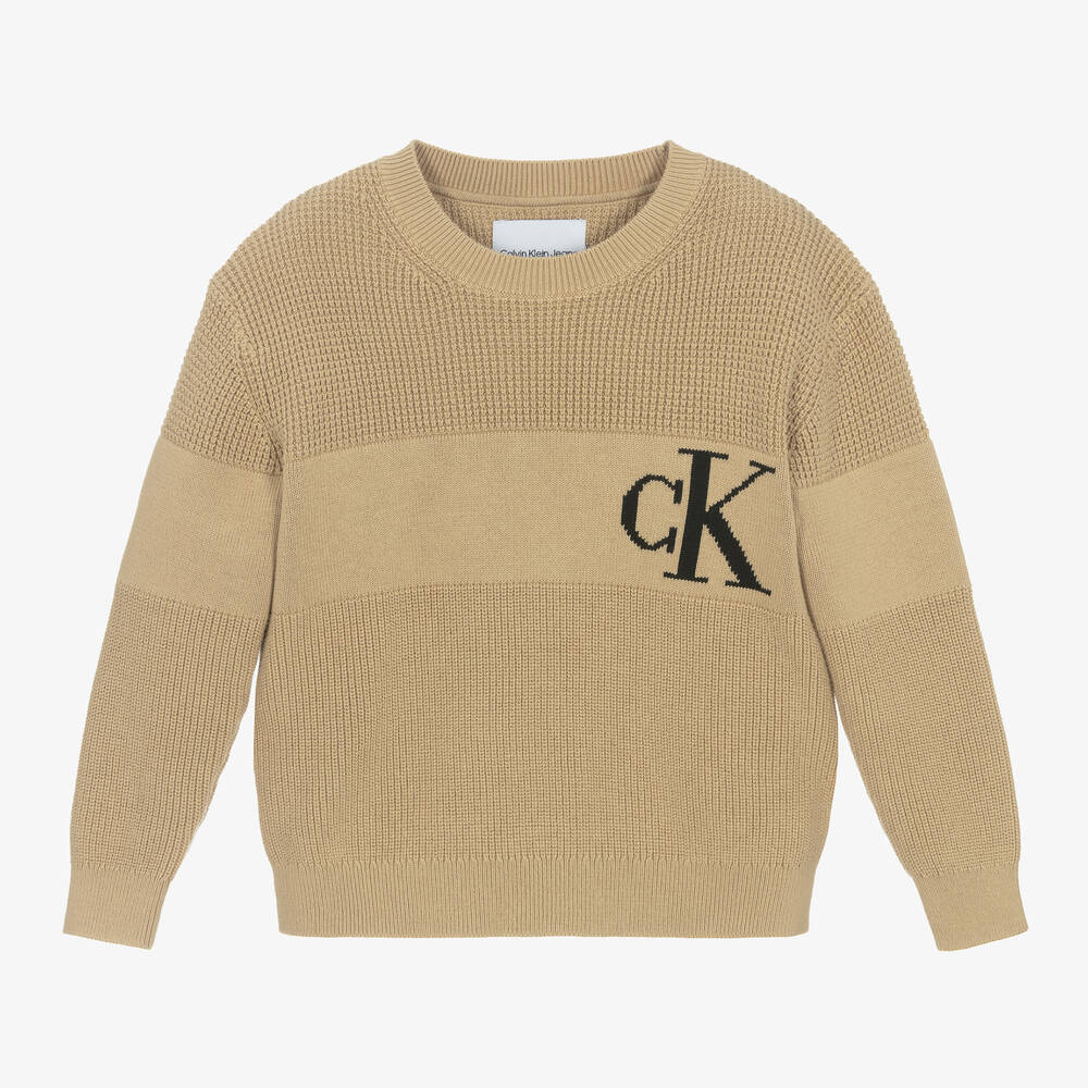 Calvin Klein - بلوفر قطن محبوك لون بيج للأولاد | Childrensalon