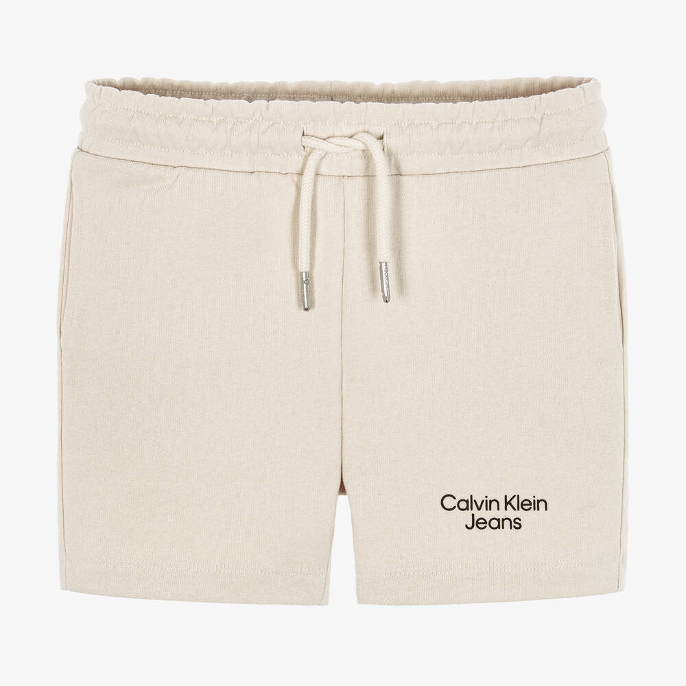 Calvin Klein Jeans - Boys Beige Cotton Logo Shorts | Childrensalon