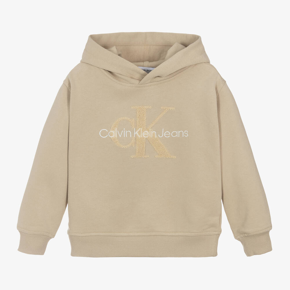 Calvin Klein-Boys Beige Cotton Monogram Hoodie | Childrensalon Outlet