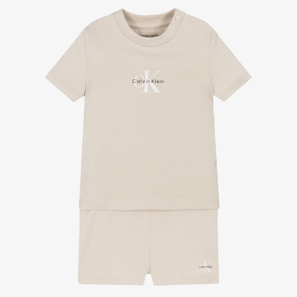 Calvin Klein-Boys Beige Cotton Shorts Set with Monogram Logo | Childrensalon Outlet