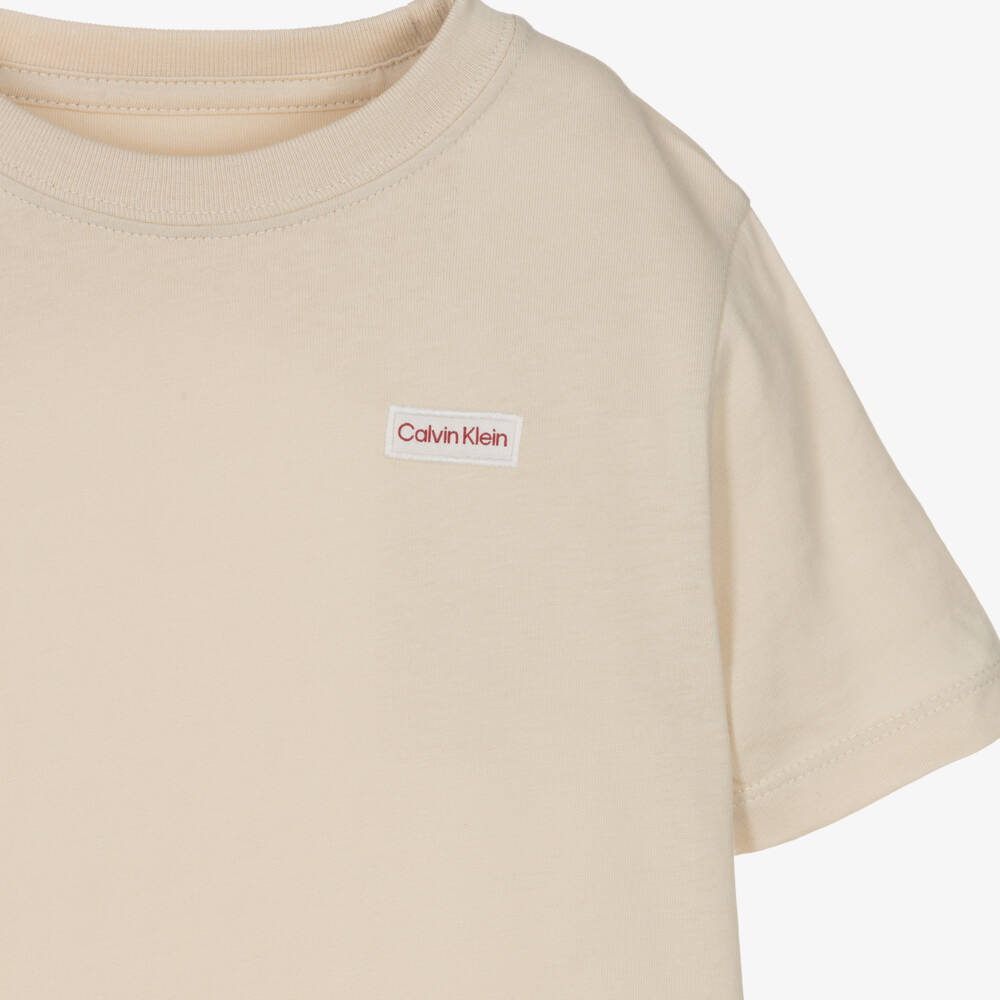 Calvin Klein-Boys Beige Cotton T-Shirt with Logo Patch | Childrensalon Outlet