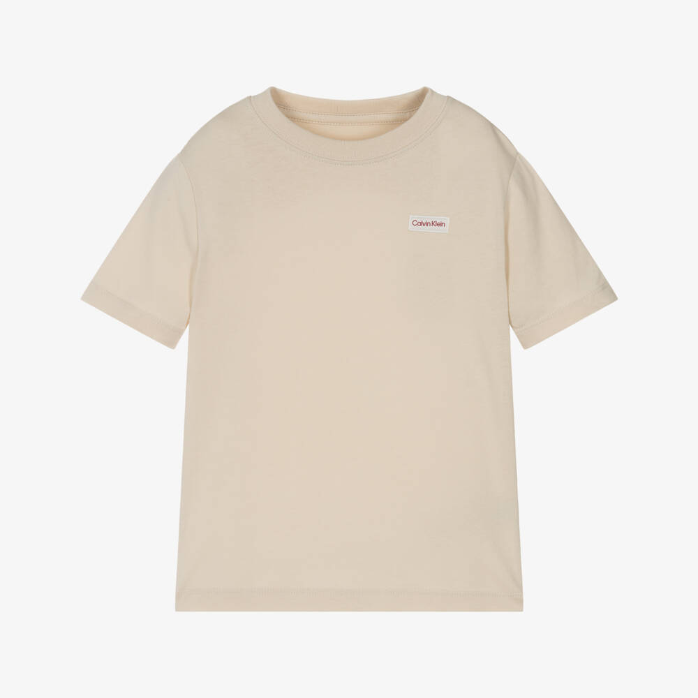 Calvin Klein-Boys Beige Cotton T-Shirt with Logo Patch | Childrensalon Outlet